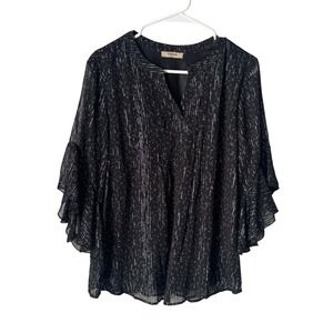 Timeson Womens Black Silver Metallic Pin Dot Ruffle Bell Sleeve Blouse Medium